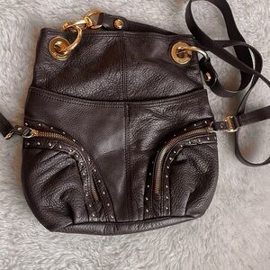 B Makowsky Soft Brown Leather convertible Crossbody Shoulder Bag stud detail
